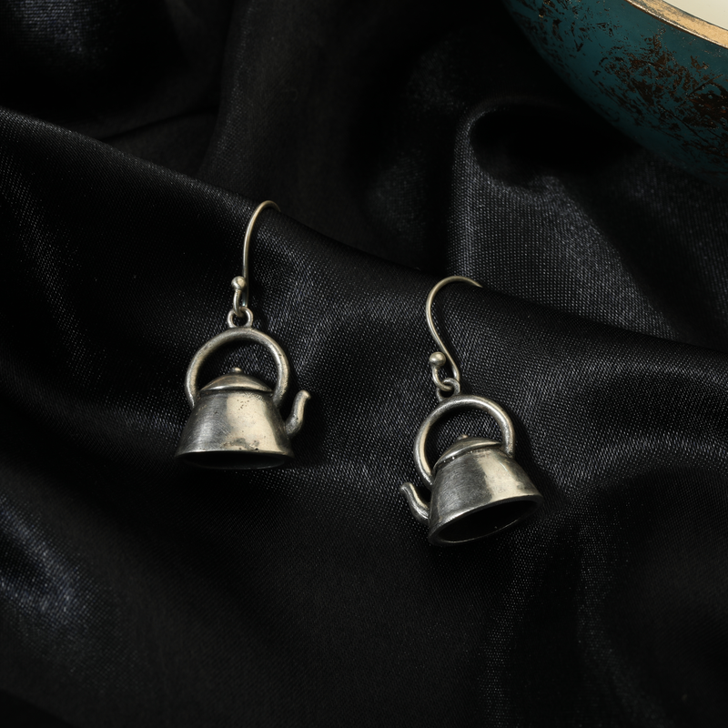 925 Silver Kettle Earrings prop display highlighting design details