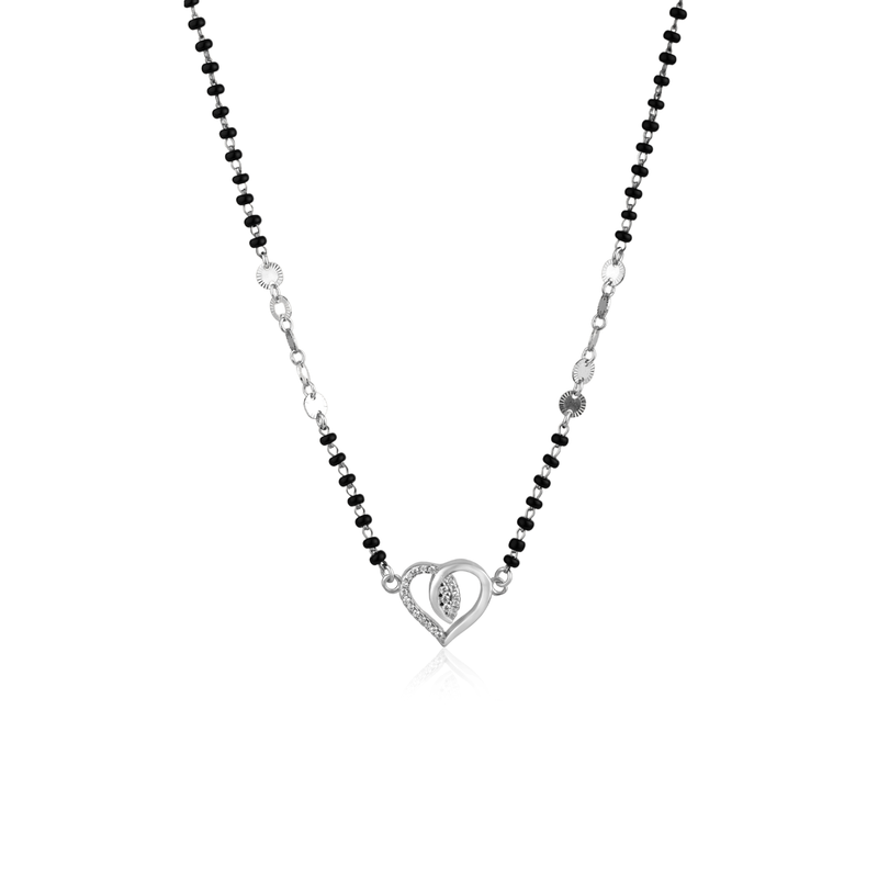 925 Silver Loves Infinite Mangalsutra pendant with chain on plain background – elegant silver jewelry for women.