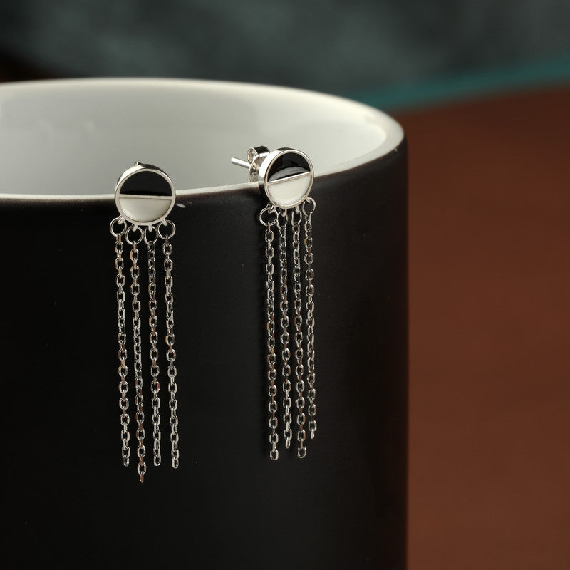 Sterling silver multi-thread earrings – stylish festive jewelry for Diwali, Bhai Dooj, and Karwa Chauth gifting.