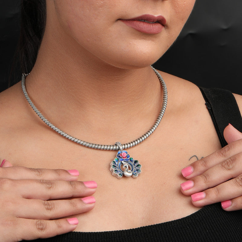 Woman wearing 925 Silver Peacock Feather Necklace styled on neckline