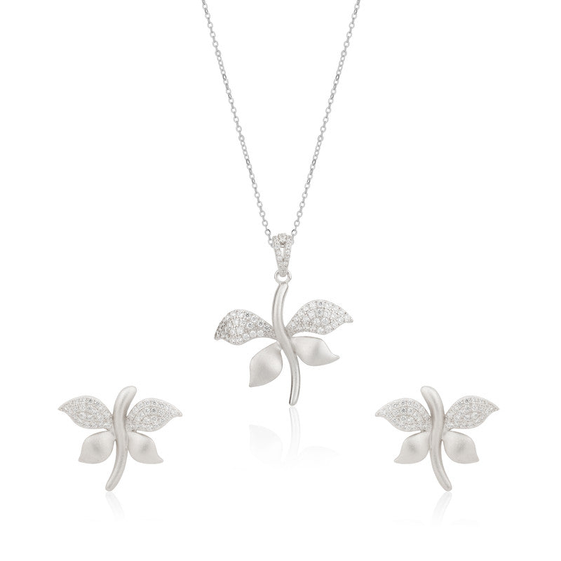 925 Silver Petal Pendant and Earrings set on white background – elegant silver jewelry