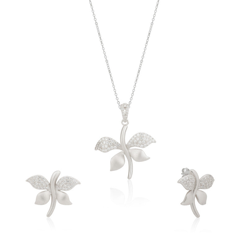 925 silver petal pendant and earrings photographed on plain white background