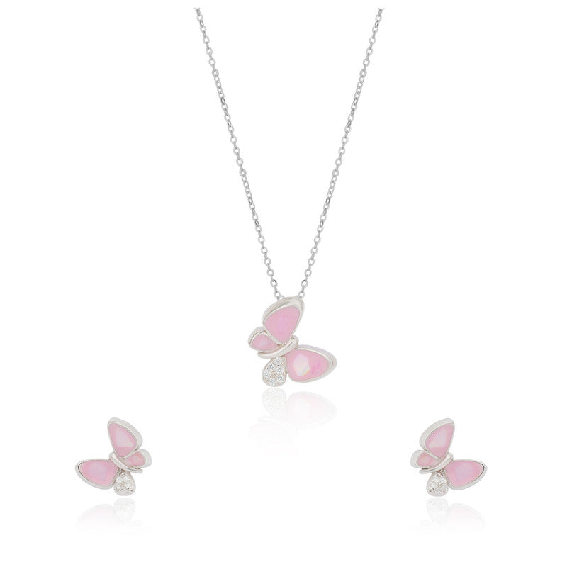 925 Silver Pink Butterfly Pendant Set on white background – elegant silver jewelry