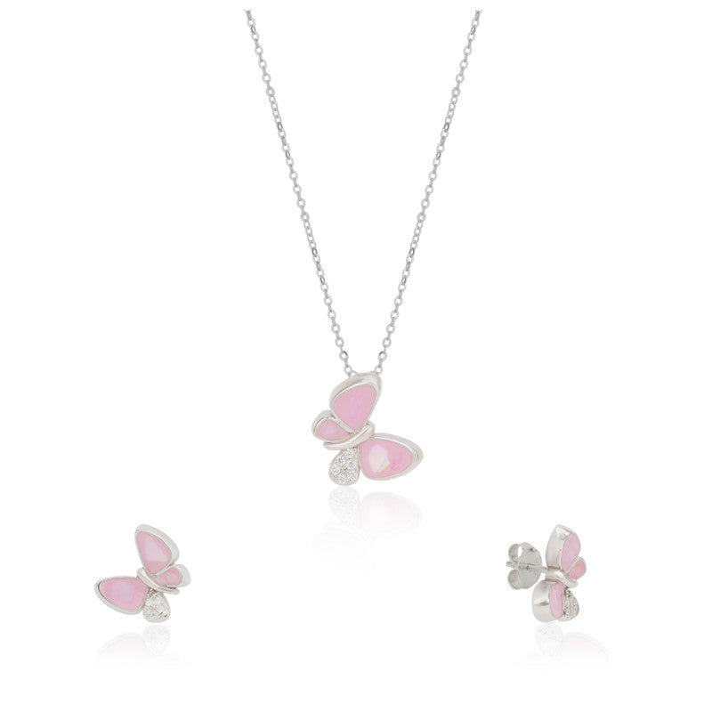 925 silver pink butterfly pendant set photographed on plain white background
