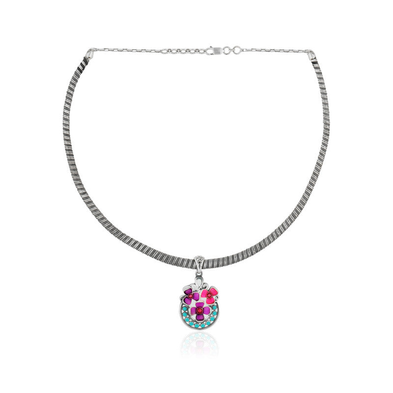 925 Silver Pink Floral Pendant Necklace displayed on plain white background