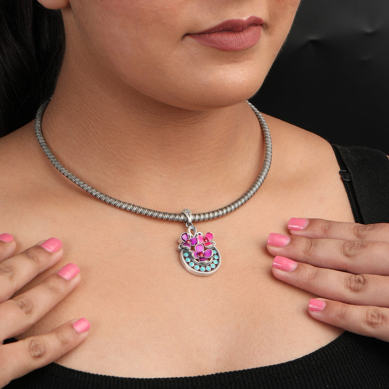 Woman wearing 925 Silver Pink Floral Pendant Necklace styled on neckline
