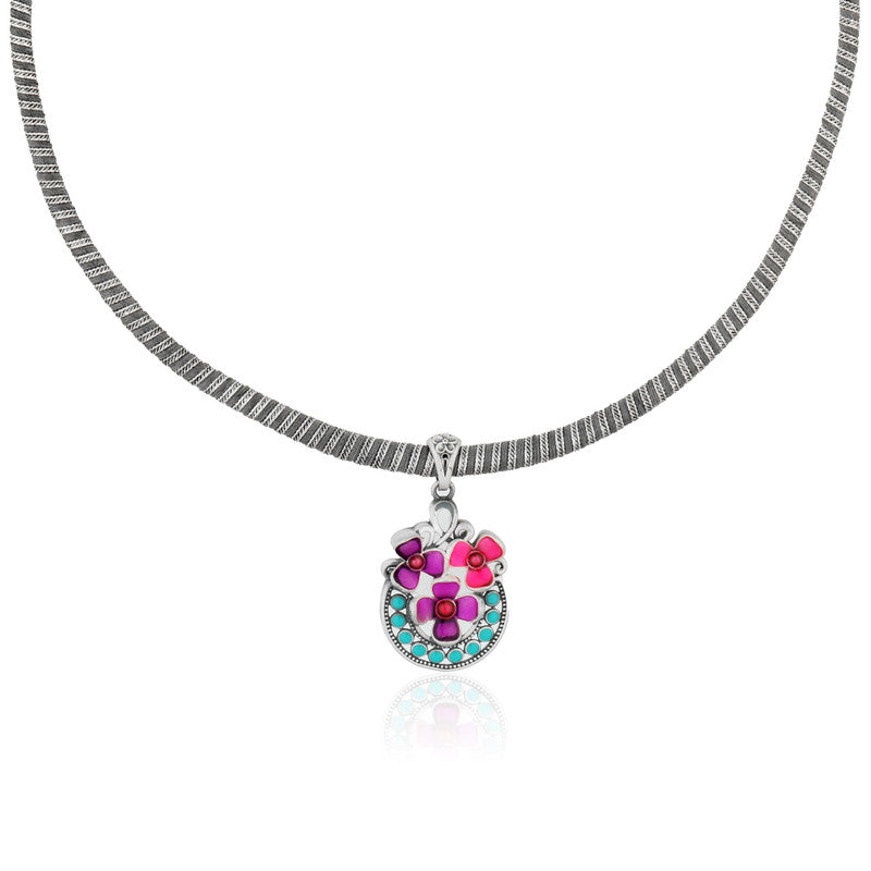 925 Silver Pink Floral Pendant Necklace with elegant layered styling on white background