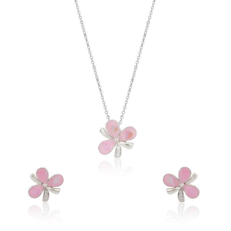 925 Silver Pink Flower Pendant and Earrings set on white background – elegant silver jewelry