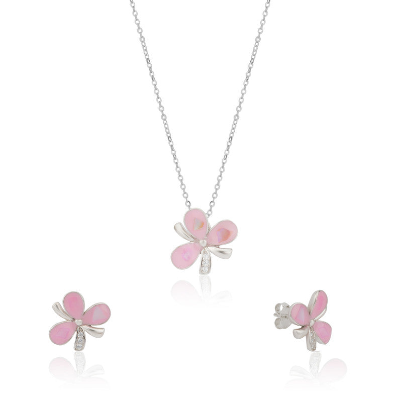 925 silver pink flower pendant and earrings photographed on plain white background