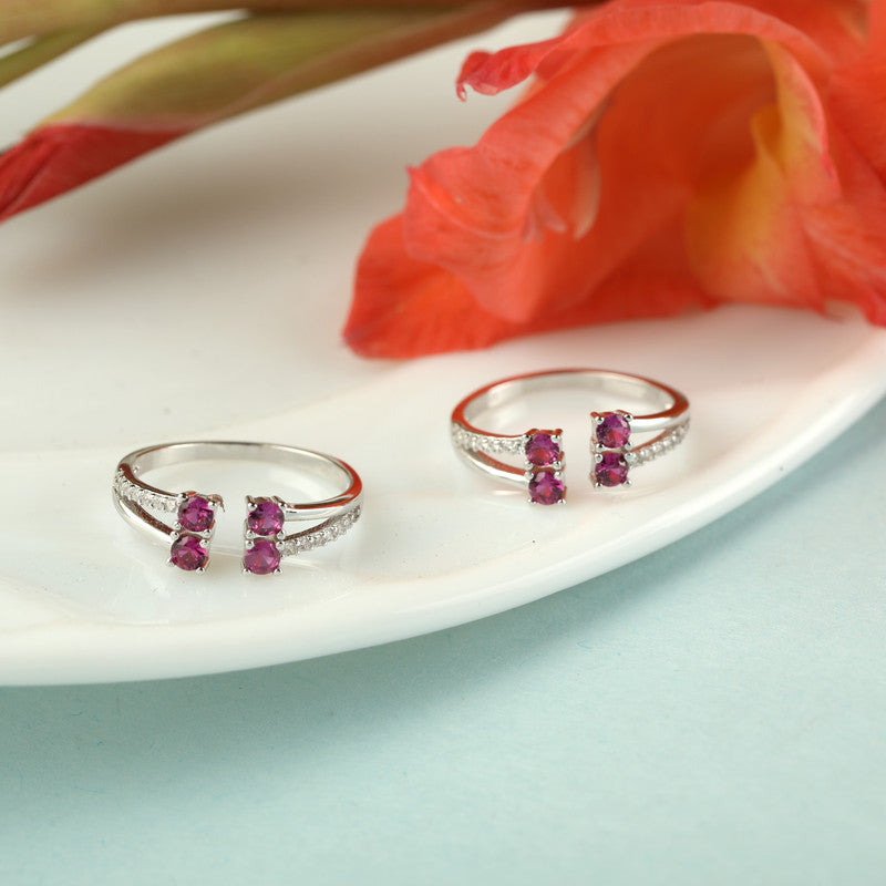 925 silver pink gemstone open toe ring displayed with props – gemstone silver accessory