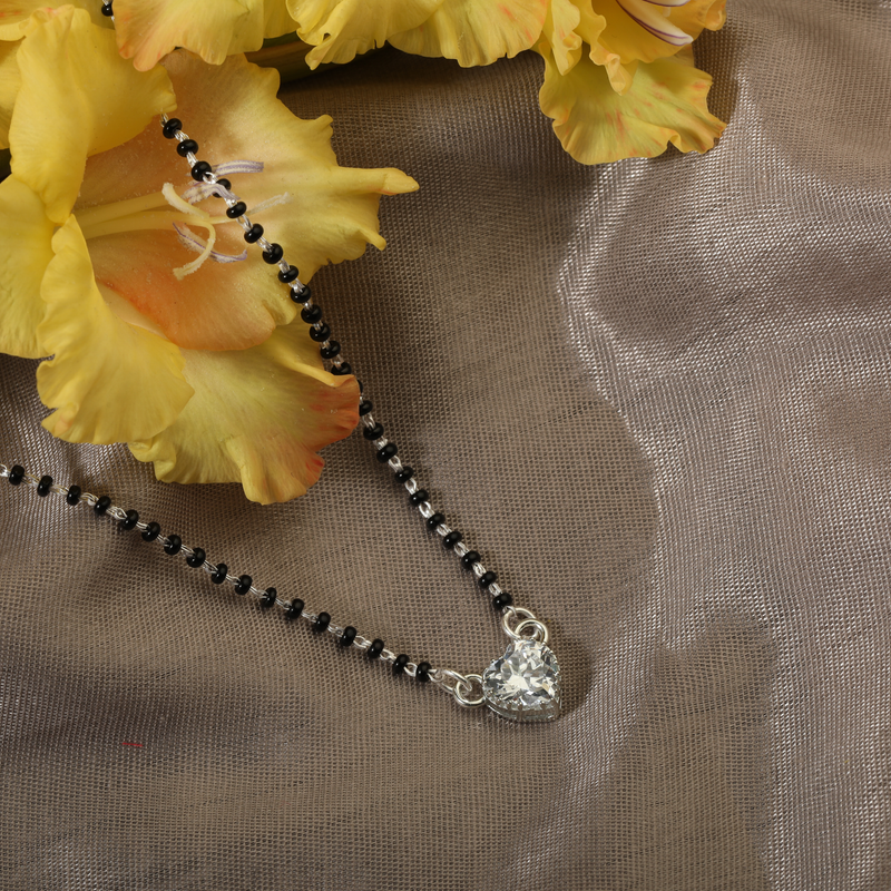 Elegant 925 Silver Precious Bond Mangalsutra with floral background – perfect silver mangalsutra gift for wife