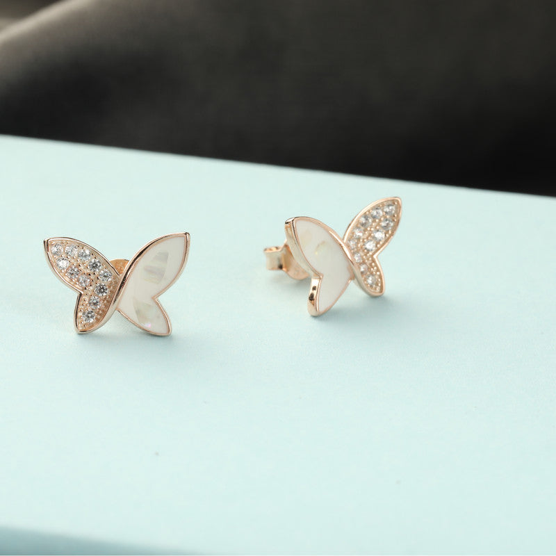 Close-up of Silver Rose Gold Butterfly Earrings – Raksha Bandhan gift idea for sisters and friends