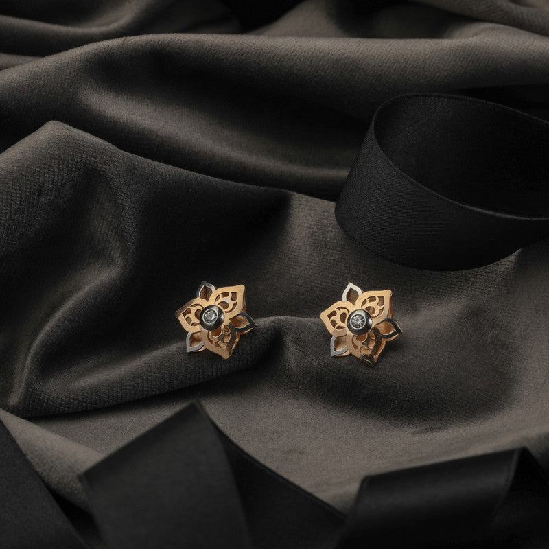 Close-up of Silver Rose Gold Duo-Leaf Earrings – Raksha Bandhan gift idea for sisters and loved ones