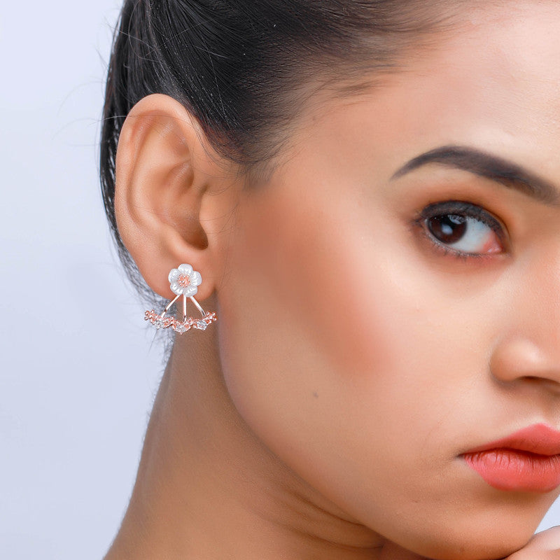 Model styling Rose Gold Flower Earrings – Navratri accessory for traditional celebrations