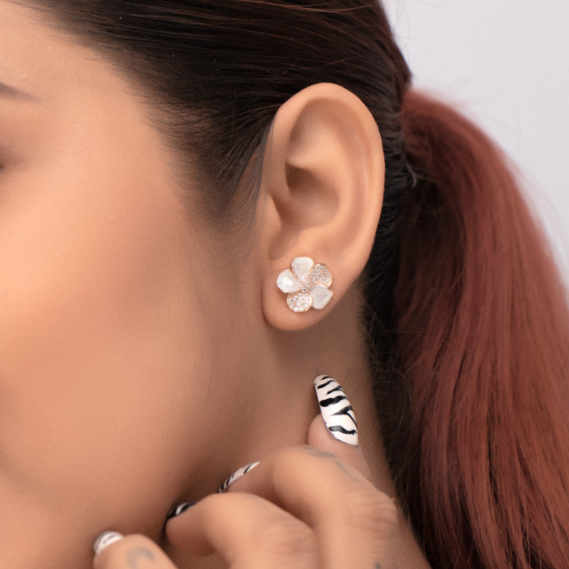 Model styling Rose Petal Earrings – Navratri accessory for graceful traditional outfits