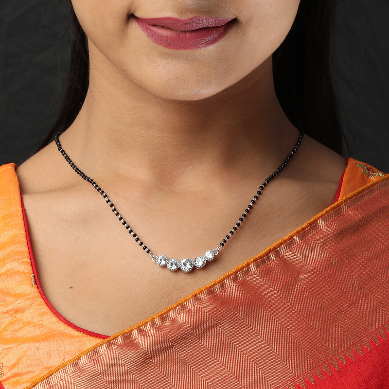 Woman wearing 925 Silver Sacred Vow Mangalsutra – stylish silver mangalsutra design for daily wear and festive occasions.