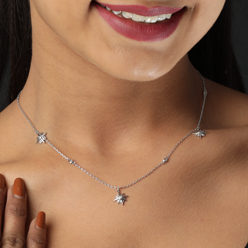Model wearing 925 Silver Sparkling Stargazer Necklace – graceful and lightweight sterling silver jewellery for women.