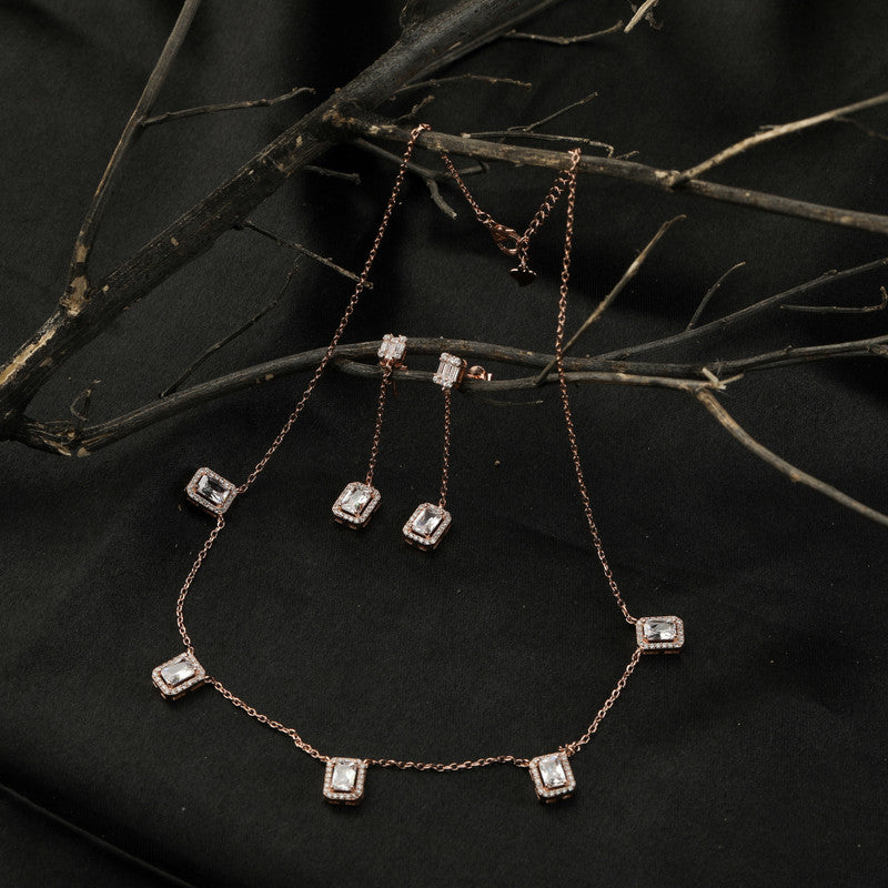 Close-up of Silver Square Rose Gold Pendant and Earrings – Raksha Bandhan gift option for sisters