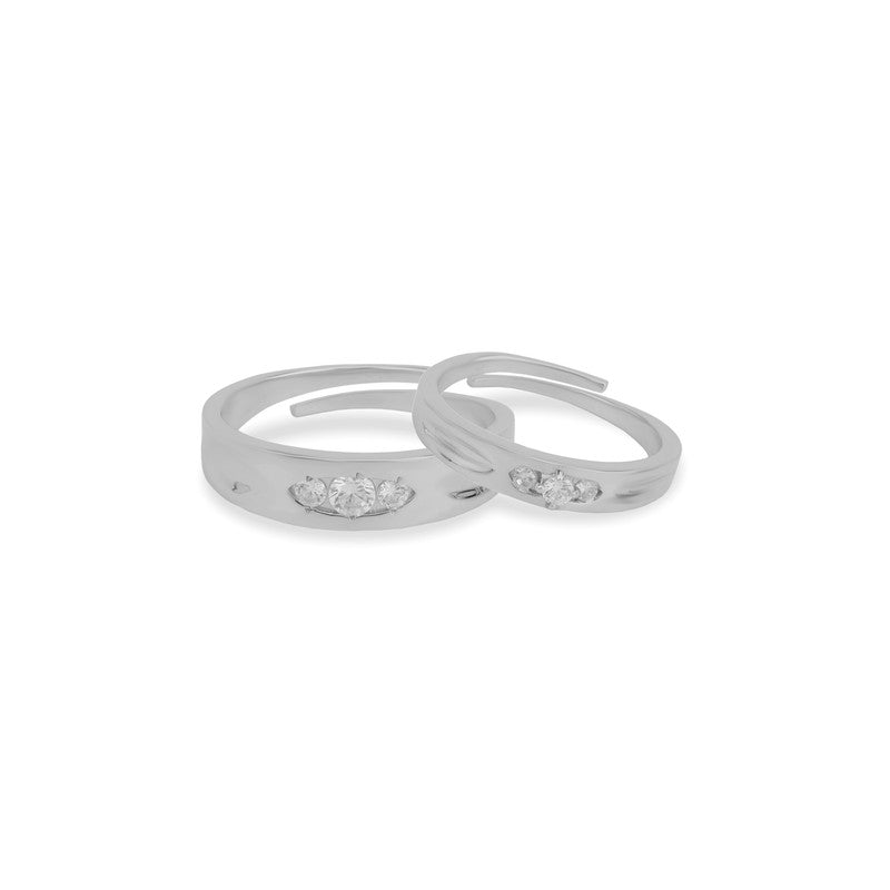 925 Silver Three Stone Couple Rings on white background – elegant silver jewelry