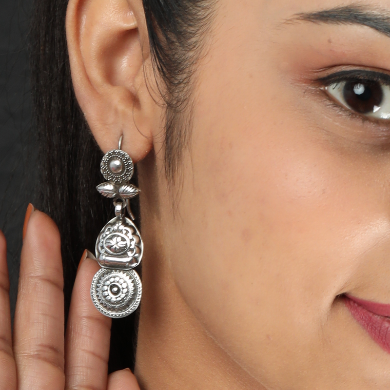 Model wearing 925 Silver Tribal Earrings – lightweight, stylish, and elegant sterling silver jewellery for women.