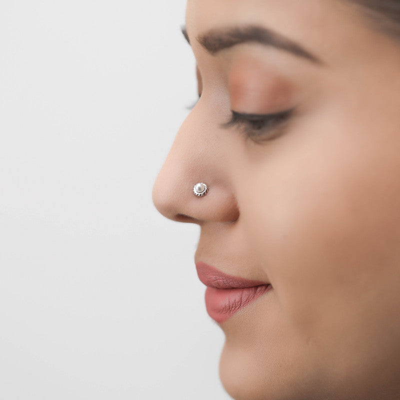 Woman wearing 925 Sterling Silver Dimcy Nose Pin styled on nose