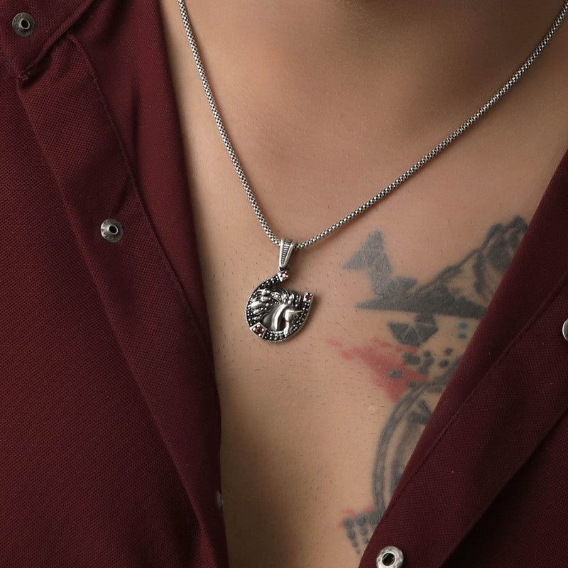 Man wearing 925 Silver Horse Pendant Necklace with Stylish Horse Design