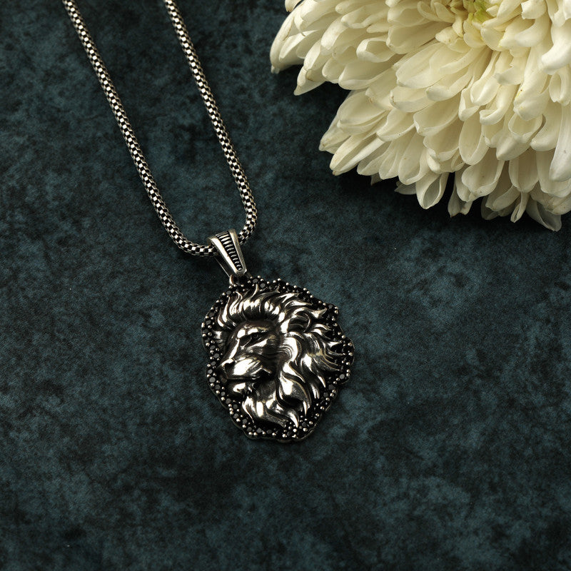Men’s 925 Sterling Silver Lion King Pendant with Detailed Lion Face Design displayed on surface