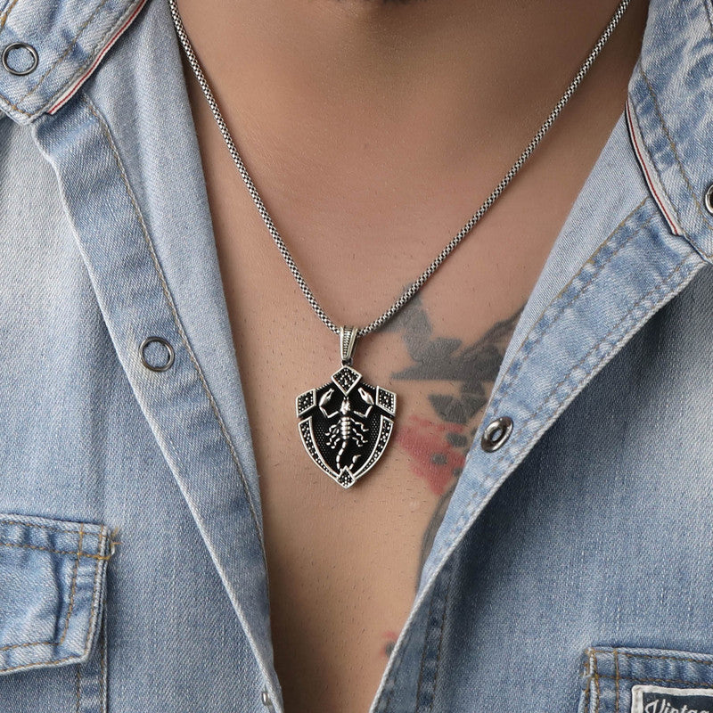 Man wearing 925 Silver Scorpio Pendant Necklace with Stylish Zodiac Design