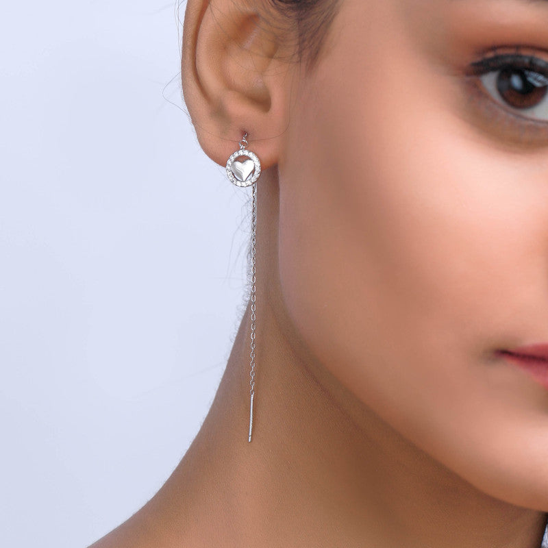 Trendy 925 silver Sui Dhaga heart earrings on model – perfect festive jewellery for Karva Chauth, Raksha Bandhan, and parties.