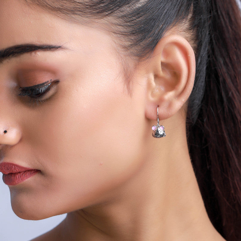 Trendy 925 silver cat stud earrings on model – perfect festive jewellery for Karva Chauth, Raksha Bandhan, and parties.