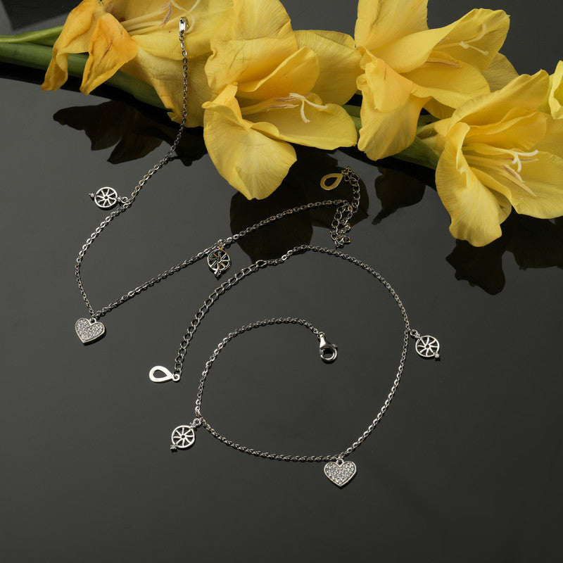 Sparkling 925 silver anklet with heart charm, radiant accessory for Karwa Chauth and Diwali wear.