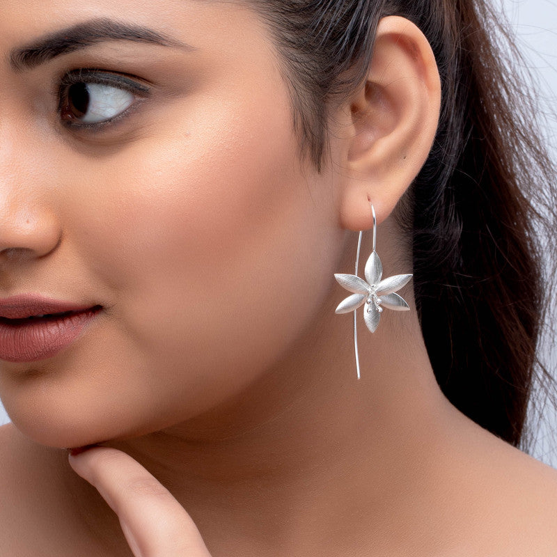 Trendy 925 silver oversized petal earrings on model – perfect festive jewellery for Karva Chauth, Raksha Bandhan, and parties.