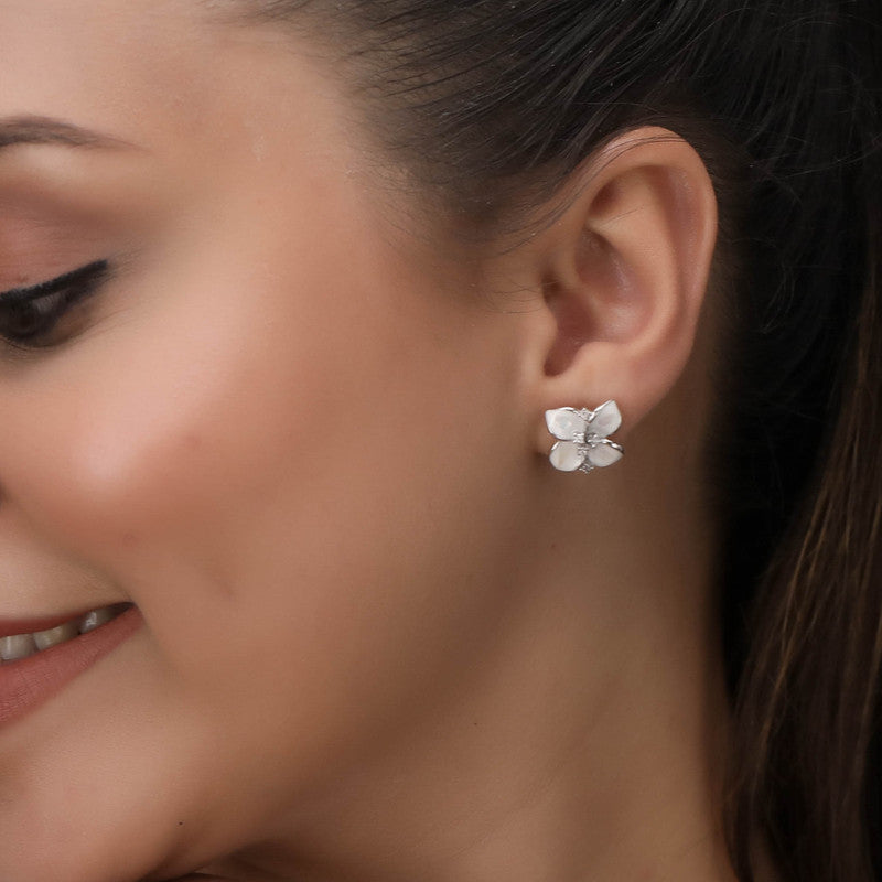 Trendy 925 silver petal dangle earrings on model – perfect festive jewellery for Karva Chauth, Raksha Bandhan, and parties.