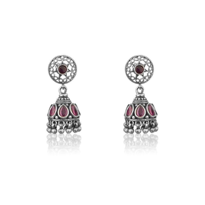 925 silver pink stone jhumka earrings for women – ethnic festive jewelry perfect for Diwali, Navratri, and traditional occasions
