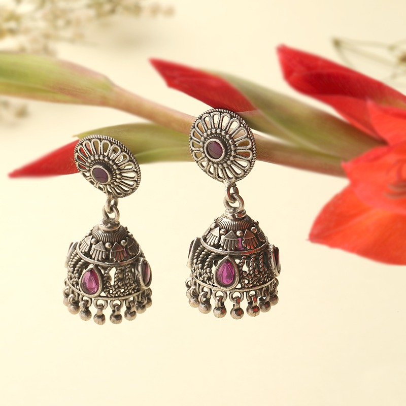925 silver pink stone jhumka earrings on model – elegant ethnic accessory for weddings, Karwa Chauth, and festive celebrations
