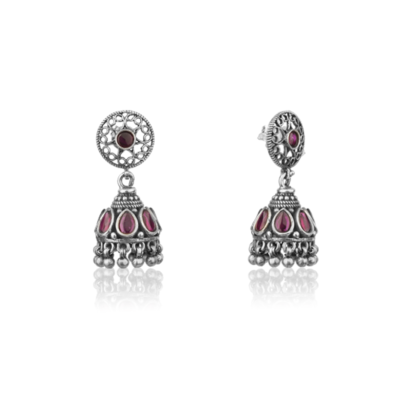 Classic 925 silver pink stone jhumka earrings close up image
