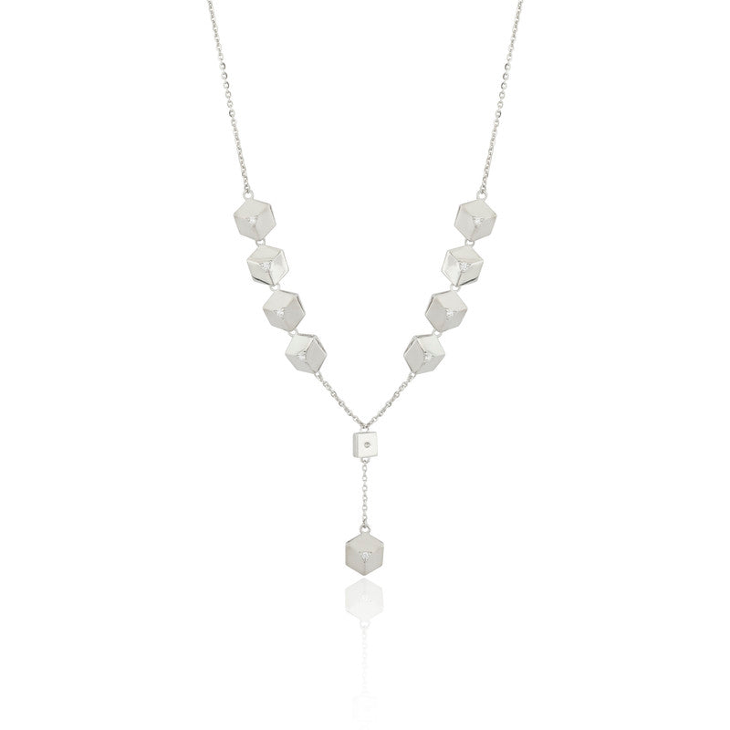 Minimalist 925 silver pyramid charm necklace on plain white backdrop — elegant daily wear accessory.