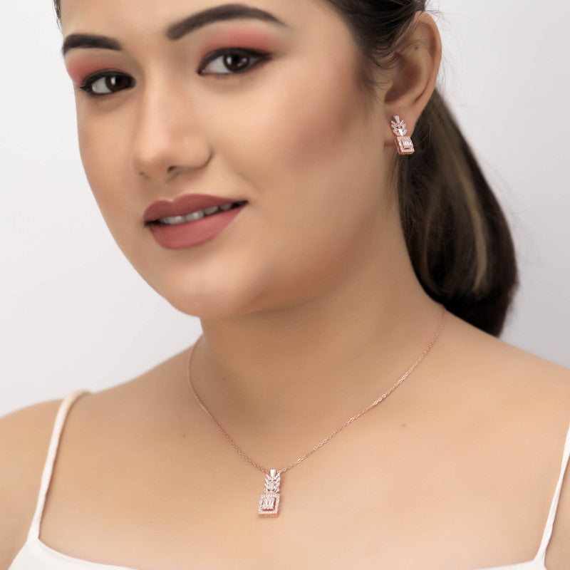 Woman wearing silver sparkling square pendant set, stylish jewellery for festivals and parties.