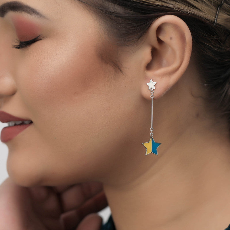 Trendy 925 silver star charm earrings on model – perfect festive jewellery for Karva Chauth, Raksha Bandhan, and parties.