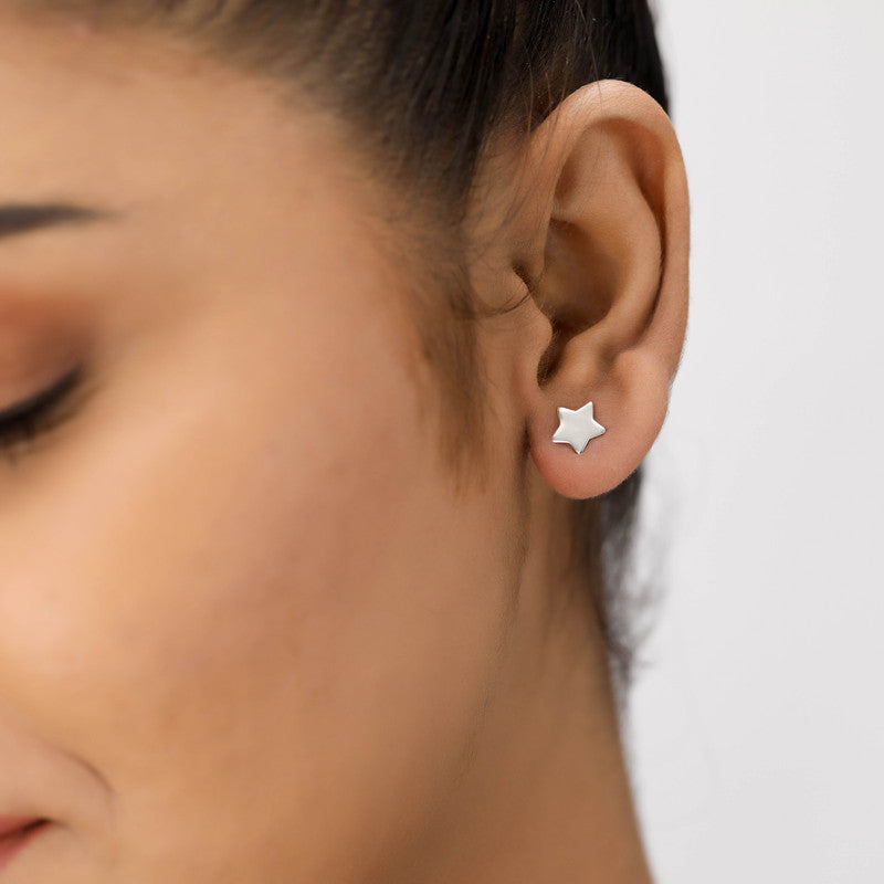 Trendy 925 silver star stud earrings on model – perfect festive jewellery for Karva Chauth, Raksha Bandhan, and parties.