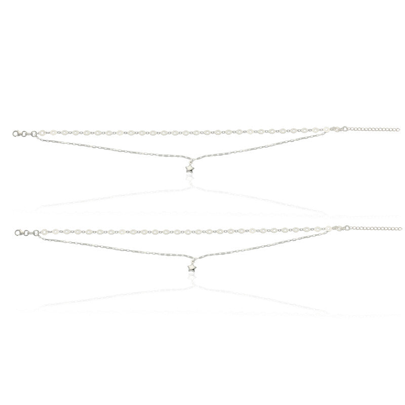 Elegant layered anklet with silver star charms, perfect for Bhai Dooj gifts and wedding looks.