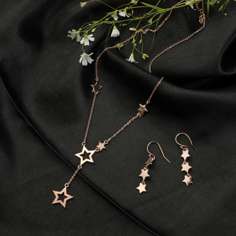 Shining 925 silver star necklace in rose gold finish, glowing beautifully for Diwali nights and parties.
