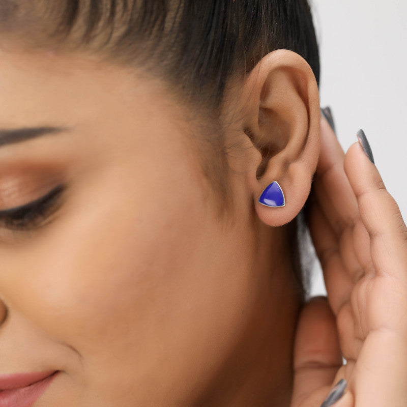 Trendy 925 silver triangle drop earrings on model – perfect festive jewellery for Karva Chauth, Raksha Bandhan, and parties.
