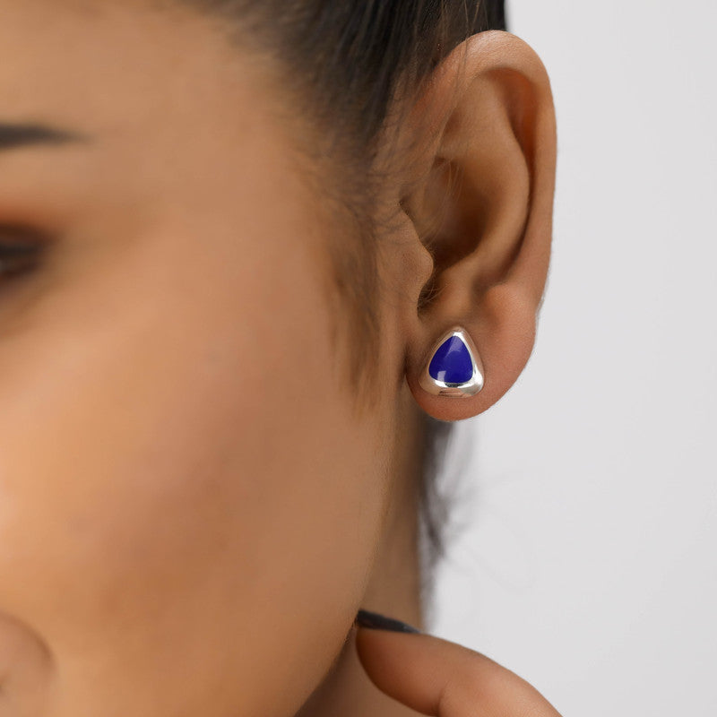 Trendy 925 silver triangle stud earrings on model – perfect festive jewellery for Karva Chauth, Raksha Bandhan, and parties.