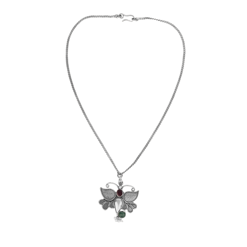Antique silver butterfly pendant necklace in 925 sterling with oxidised ethnic detailing