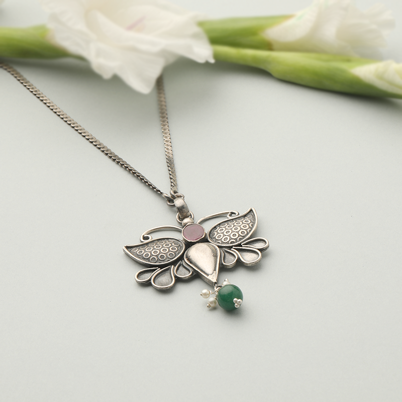 Oxidised antique silver butterfly pendant necklace ideal for cultural celebrations and festive outfits