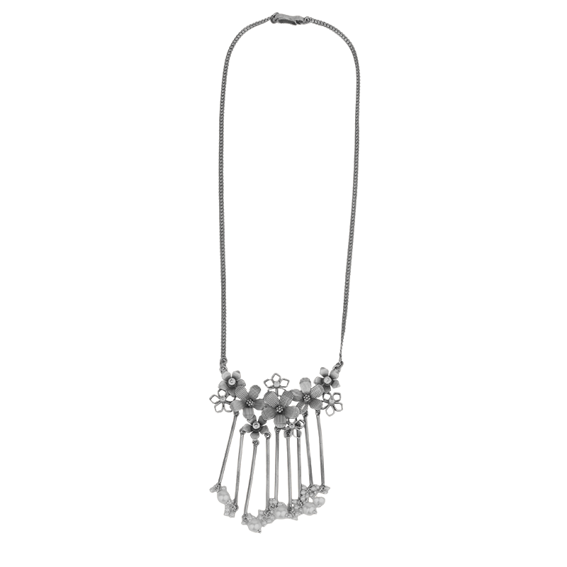 Antique silver flower tassel necklace in 925 sterling with oxidised ethnic detailing