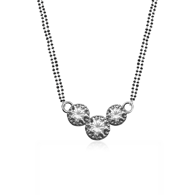 925 Silver Auspicious Embrace Mangalsutra with elegant heart-shaped pendant and black beaded chain, ideal for daily wear and gifting.