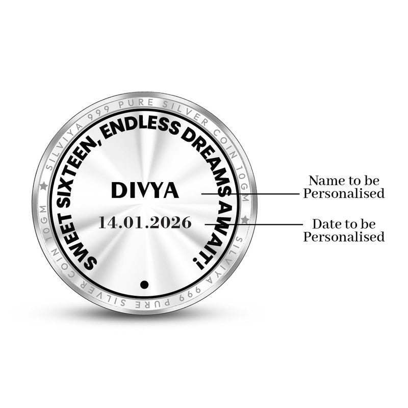 Back Design of Happy 16th Birthday Personalized 999 Pure Silver Round Coin