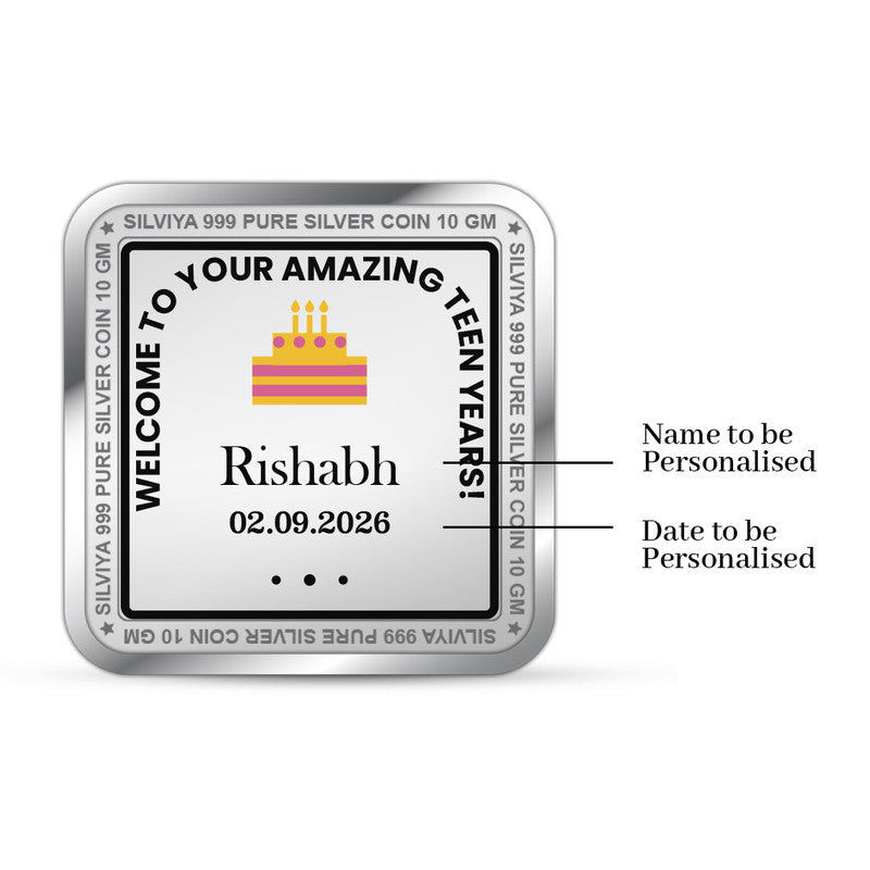 Back Design of Happy Teen Birthday Customized 999 Pure Silver Square Coin